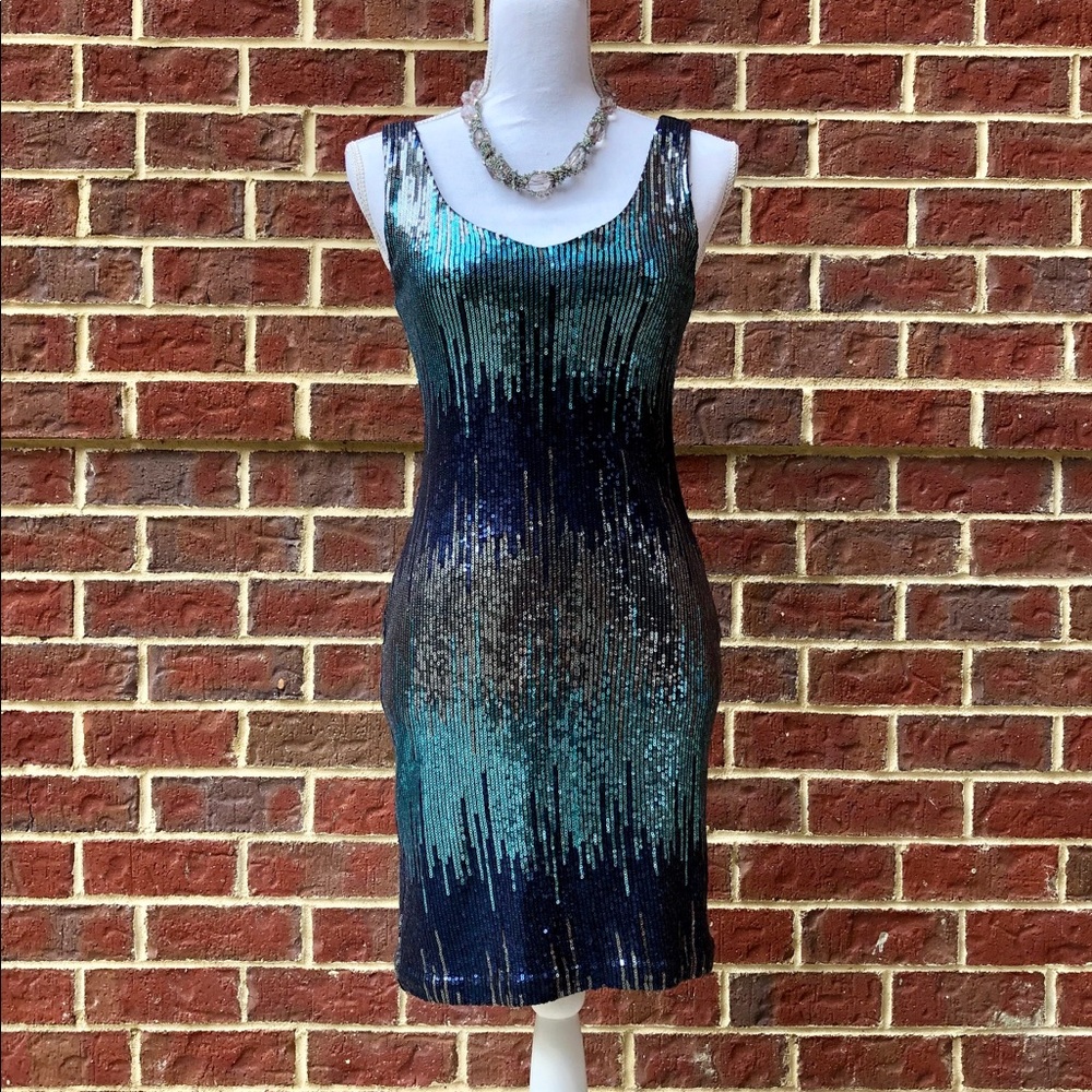 Blue Sequin Sleeveless V -Neck Dress